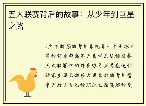 五大联赛背后的故事：从少年到巨星之路
